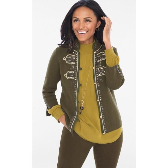 Chicos Military Embellished Cardigan Ambered Olive 3/4 Sleeves High Neck Large - Picture 3 of 12